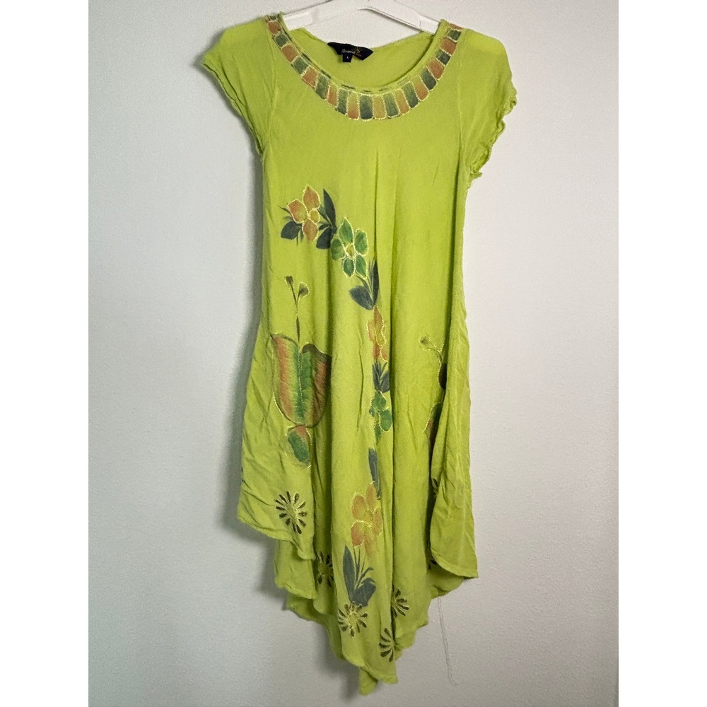 Riviera Sun Lime Green Floral Butterfly Embroidered Dress Womens Large L Short